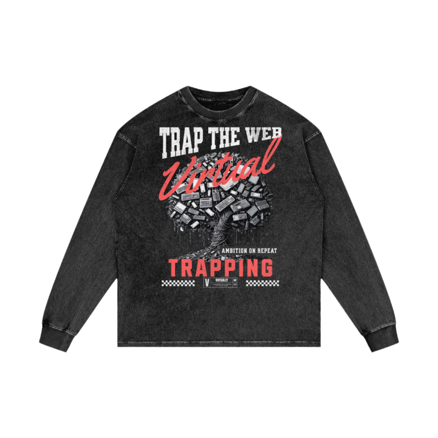 "Trap The Web" Acid Wash Oversize Long Sleeve Tee