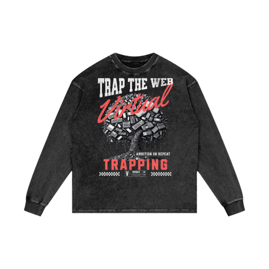 "Trap The Web" Acid Wash Oversize Long Sleeve Tee